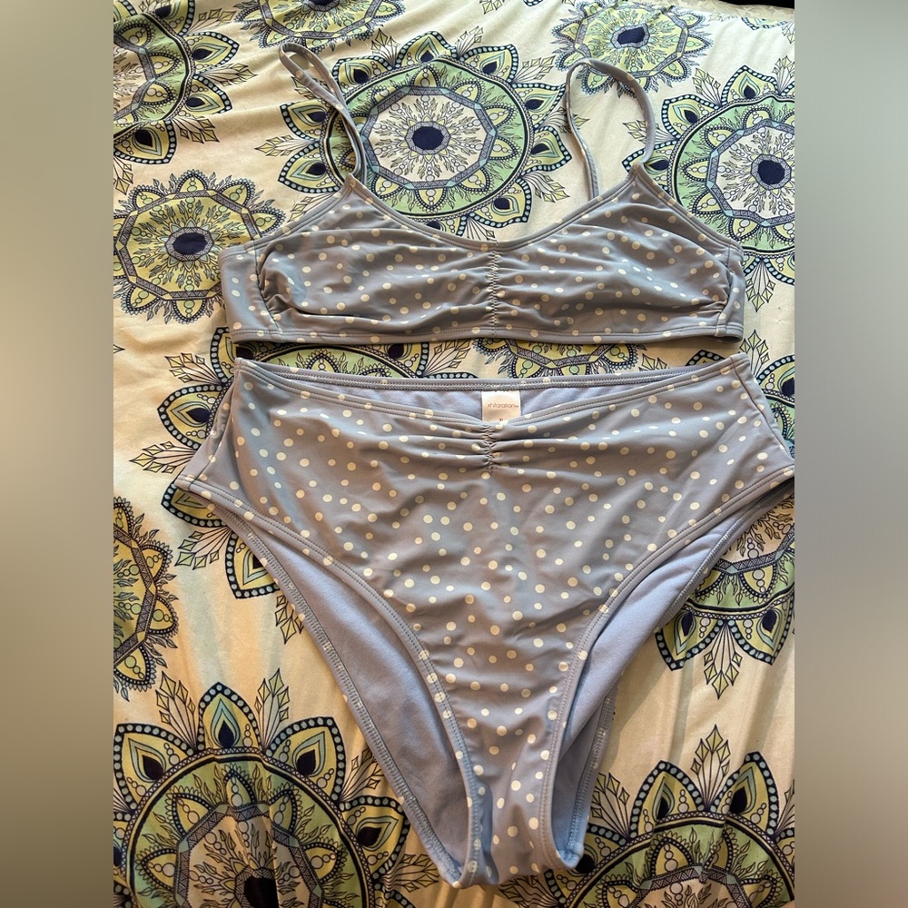 Light blue and white polka dot bikini